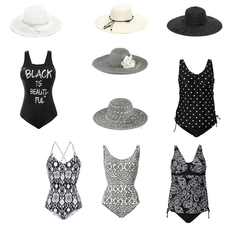 Jednodielne plavky pre moletky 2017, slamený klobúk k čiernym plavkám, letný outfit pre moletky