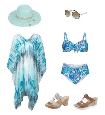 plážové šaty pre plnoštíhle s geometrickým vzorom, belasý slamený klobúk, belasé vysoké plavkové nohavičky panty