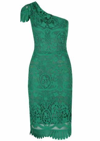 ŽENY | Šaty | spoločenské šaty - Zelené čipkované šaty cez jedno rameno Miss Grey Sofa