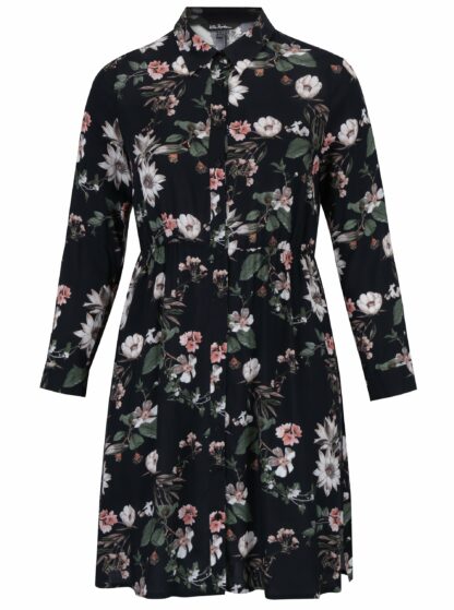 ŽENY | Šaty | šaty na denné nosenie - Čierne kvetované košeľové šaty s dlhým rukávom Ulla Popken
