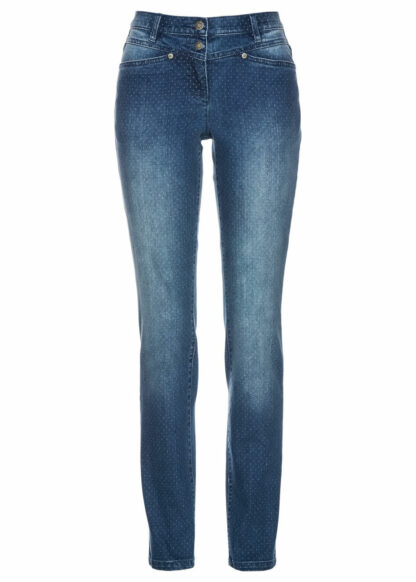 Strečové džínsy s bodkovanou potlačou  Strečové nohavice pre moletky - lepšie sa prispôsobia postave.