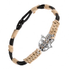 Šperky eshop - Béžovočierny pletený náramok s patinovaným príveskom budhistickej ruky SP51.01