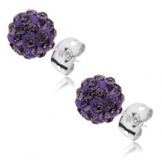 Šperky eshop - Oceľové náušnice Shamballa - trblietavá fialová guľôčka so zirkónmi